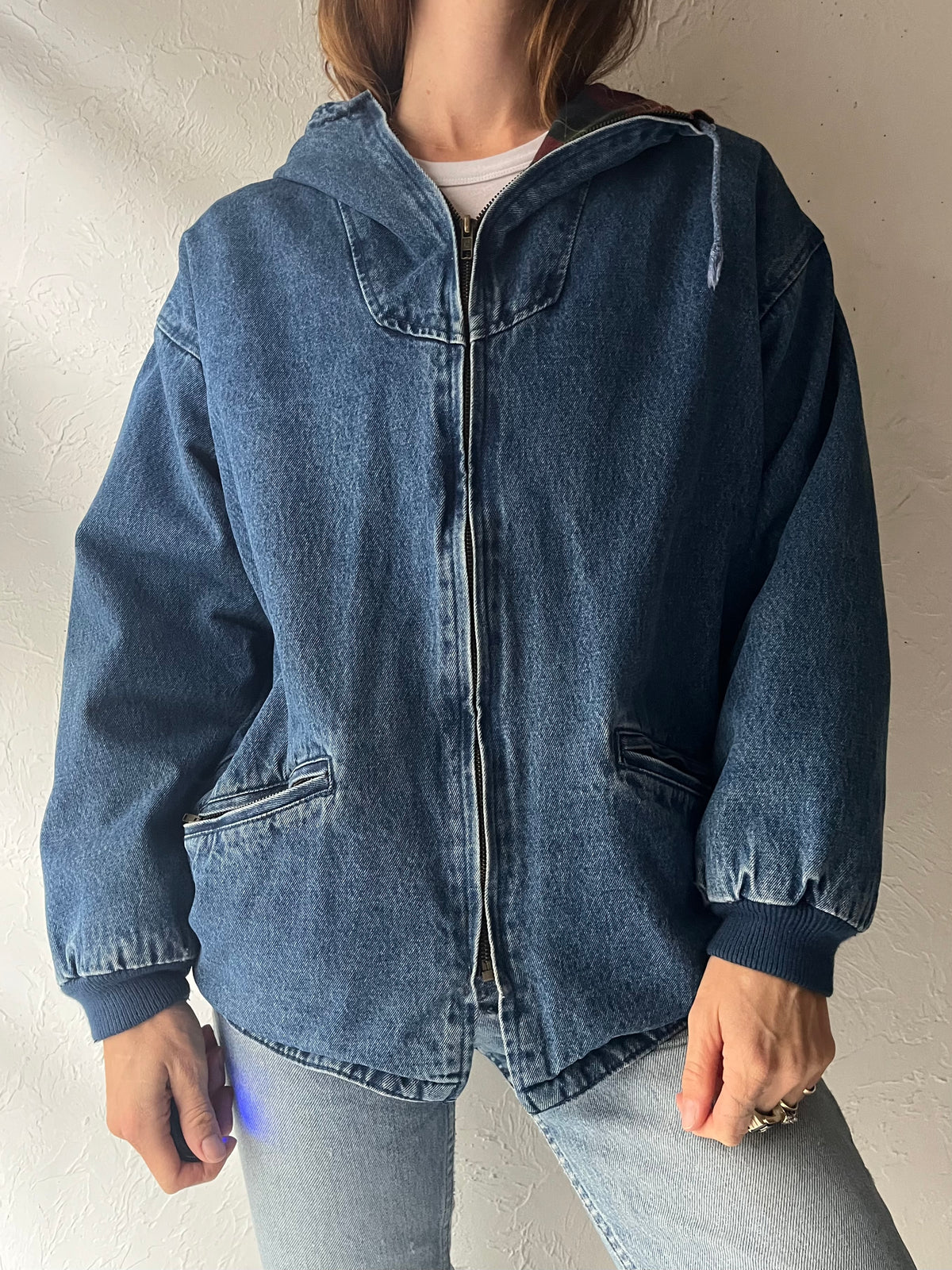 90s 'Bay Club' Plaid Lined Hooded Denim Bomber Jacket / Small