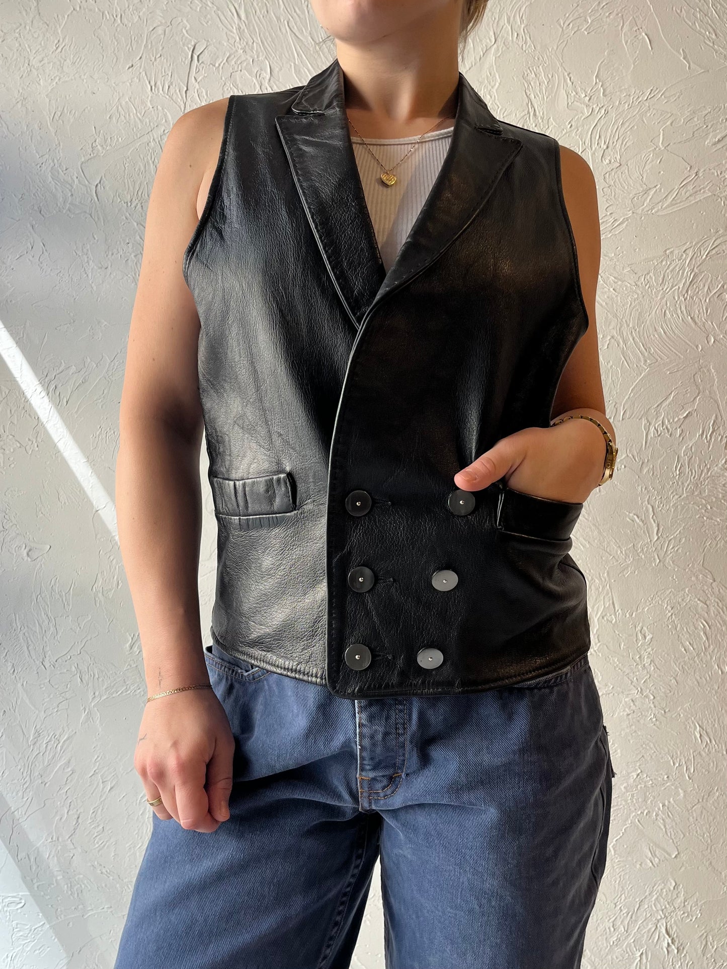 Vintage Black Leather Vest / Medium