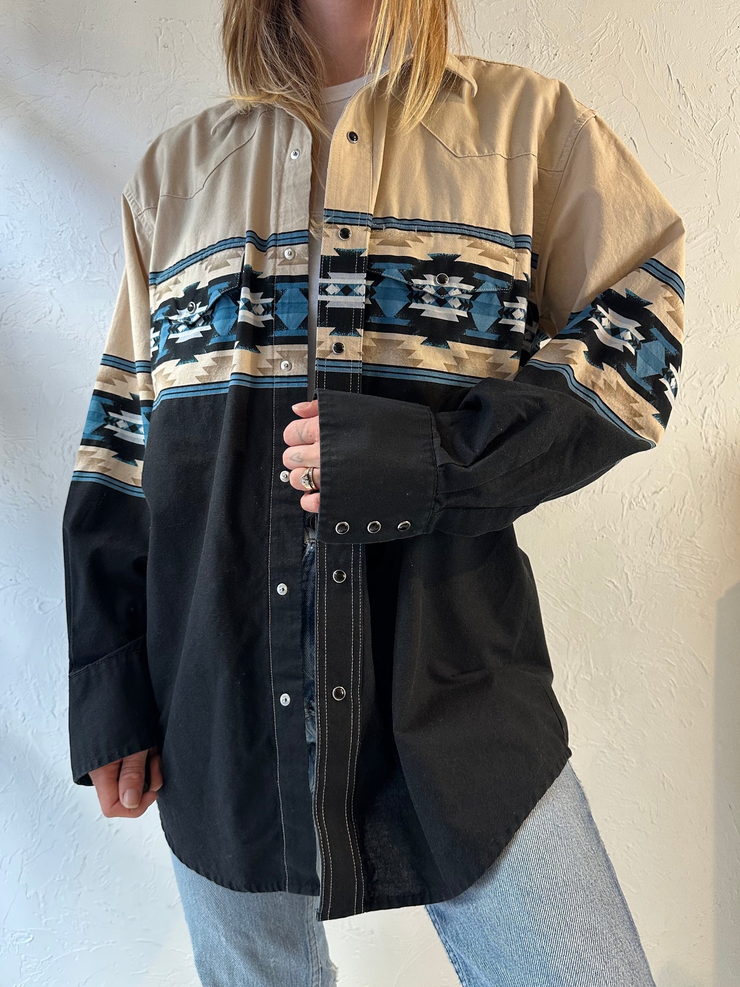 90s ‘Wrangle’ Thick Cotton Western Snap Up Shirt / Large