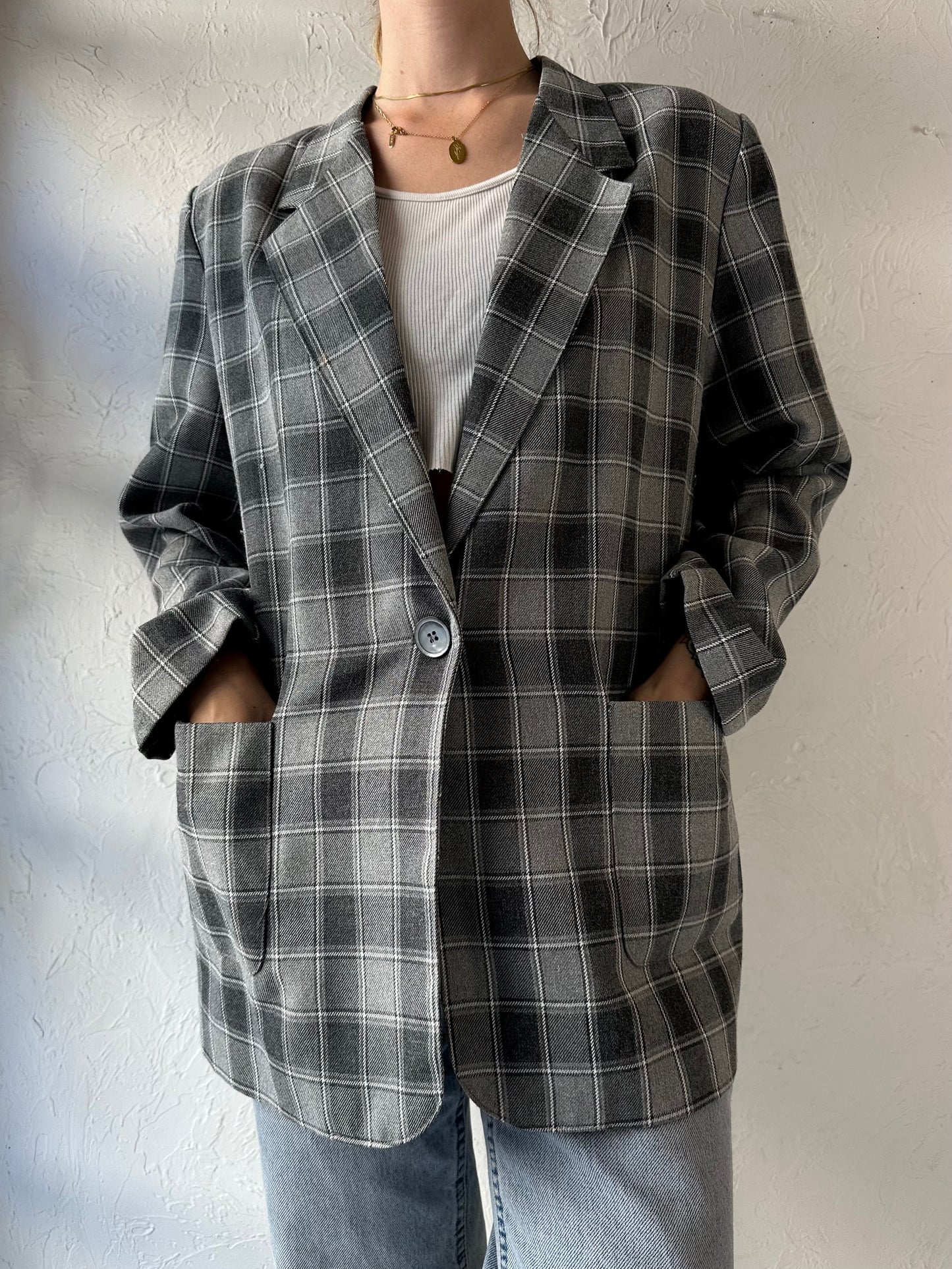 90s 'Lawrence' Gray Plaid Blazer Jacket / Large