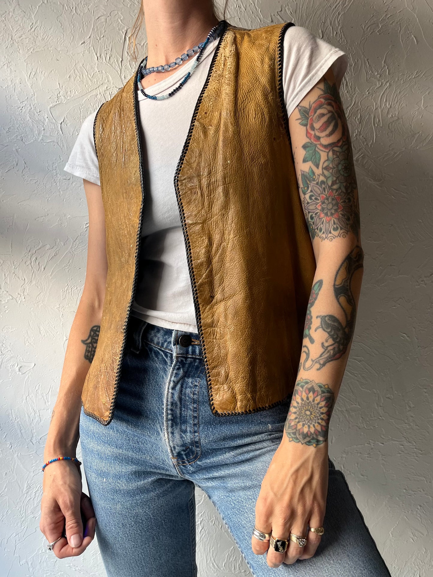Vintage Handmade Weathered Leather Vest / Medium