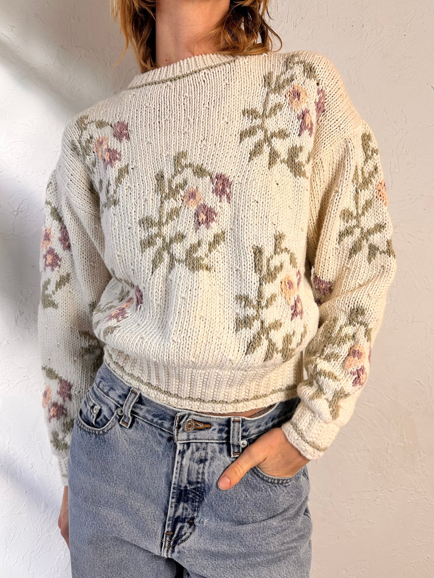 90s 'Liz Sport' Floral Knit Pullover Sweater / Medium