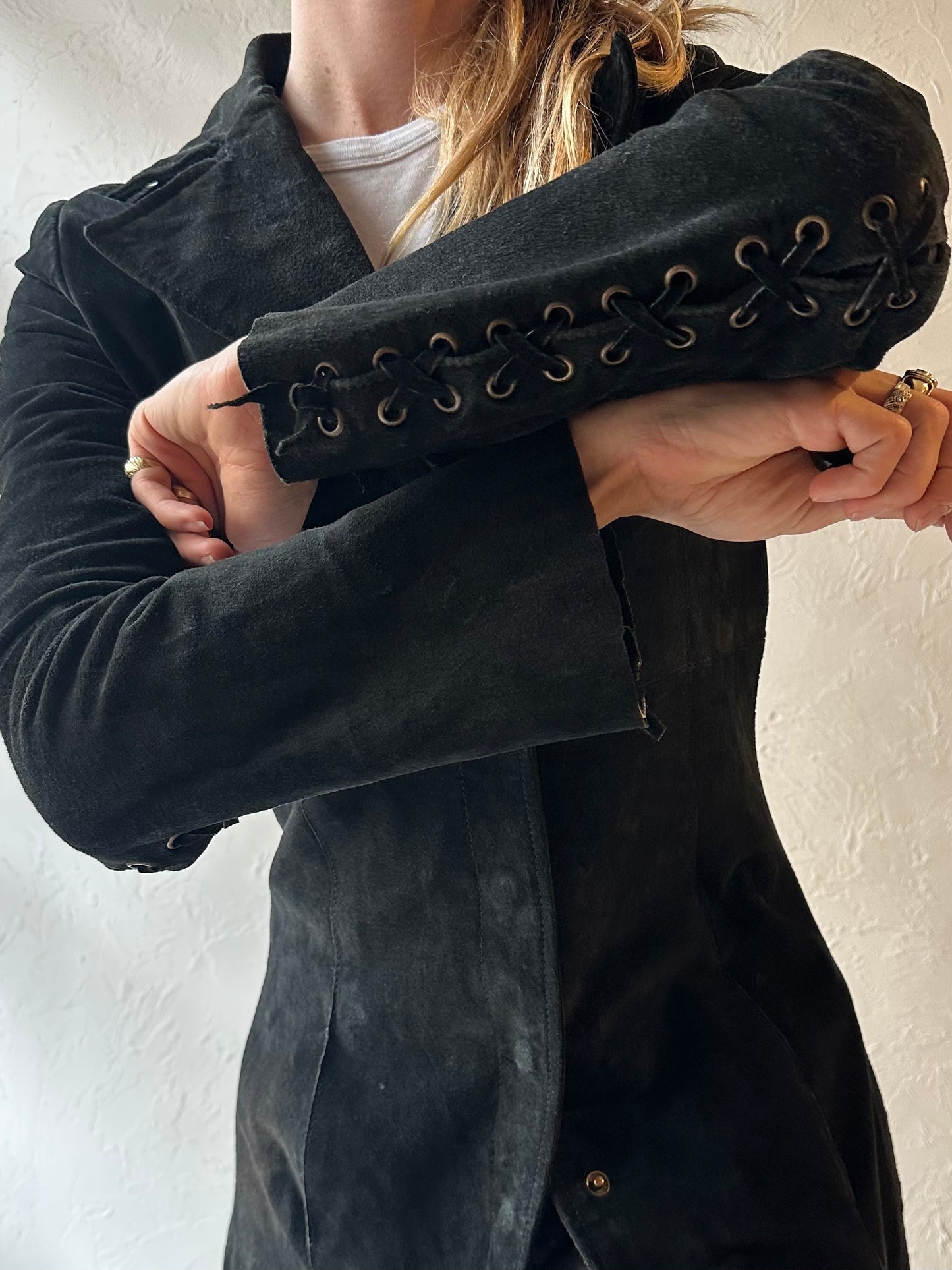'La Mode Super' Black Suede Trench Coat / Small