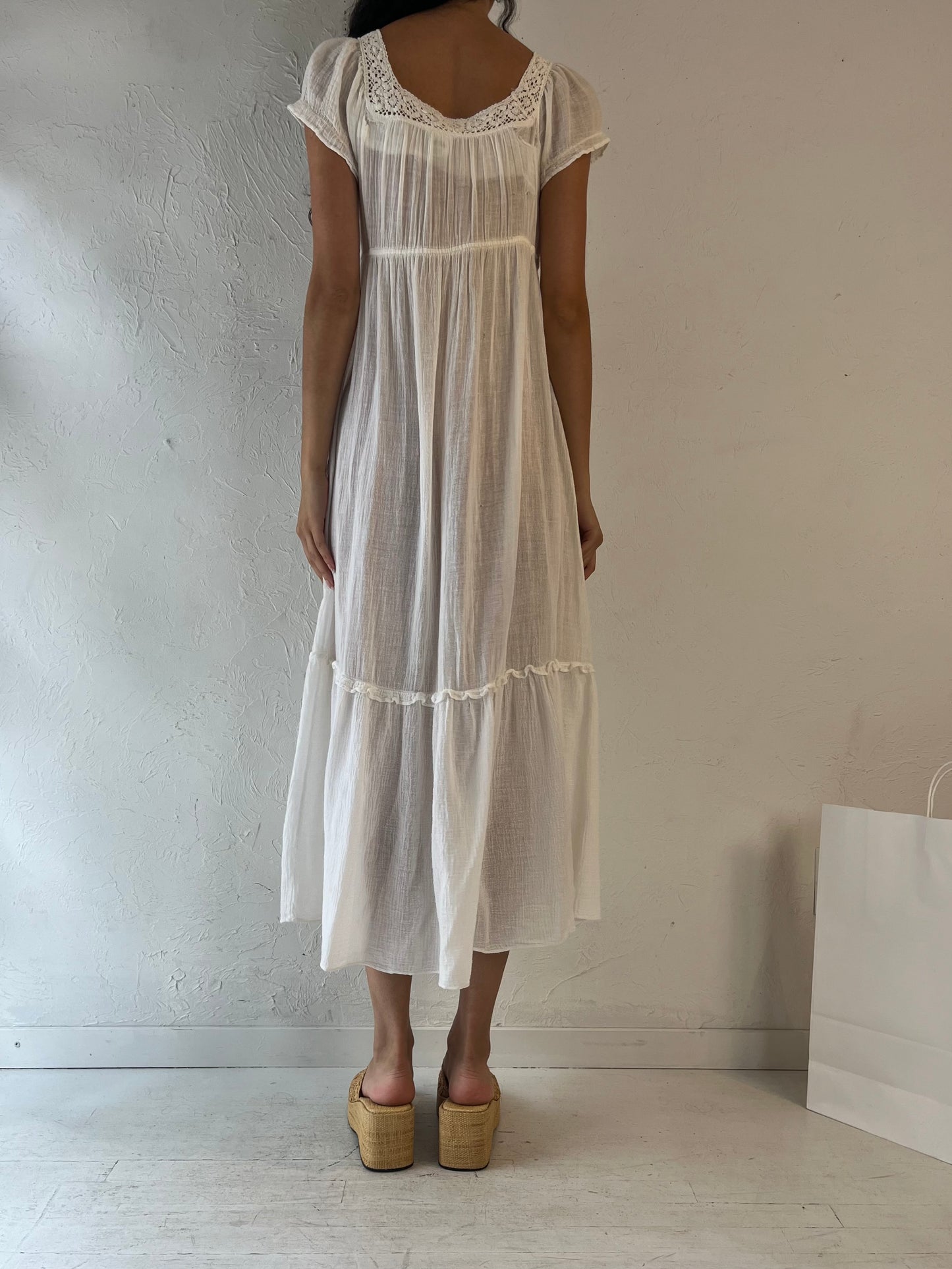 70s 'Juli' White Cotton Gauze Dress / Union Made / Small