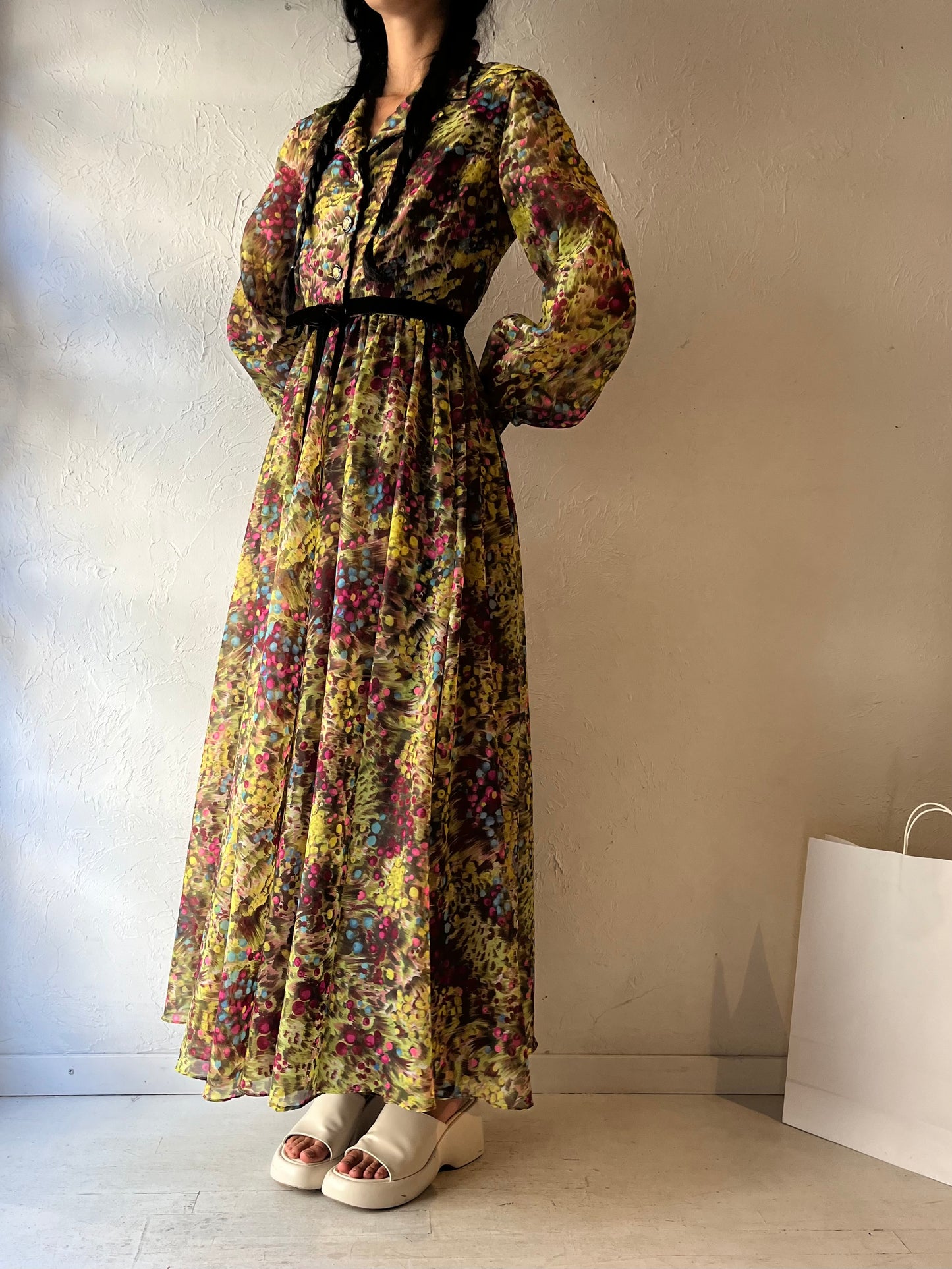 70s 'Futura Couture' Green Long Sleeve Maxi Dress / Small