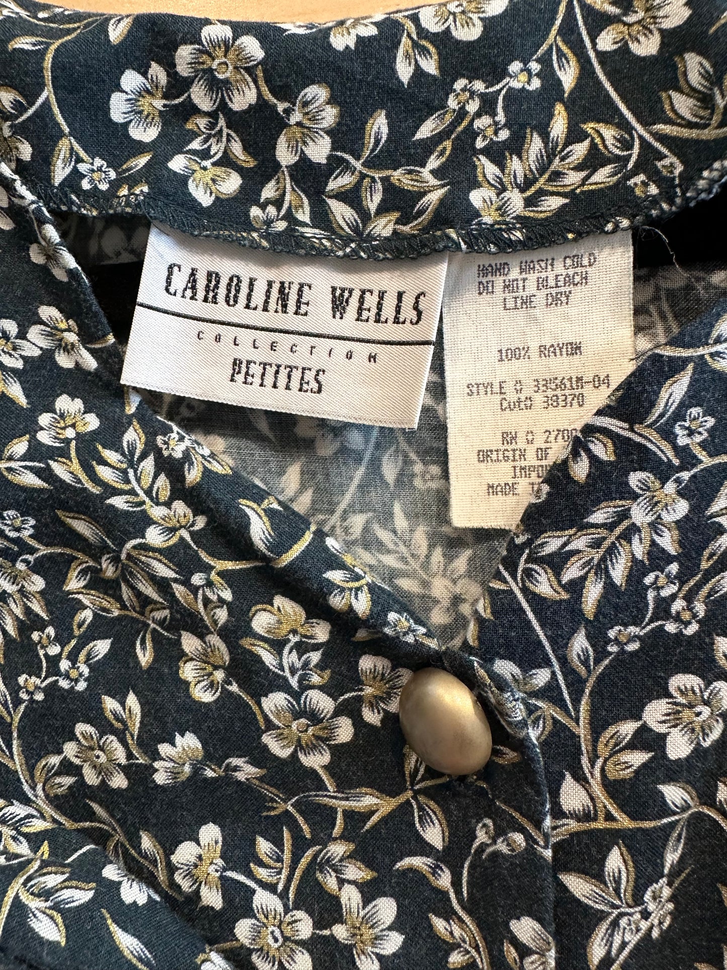 90s 'Caroline Wells' Green Floral Print Rayon Dress / Large