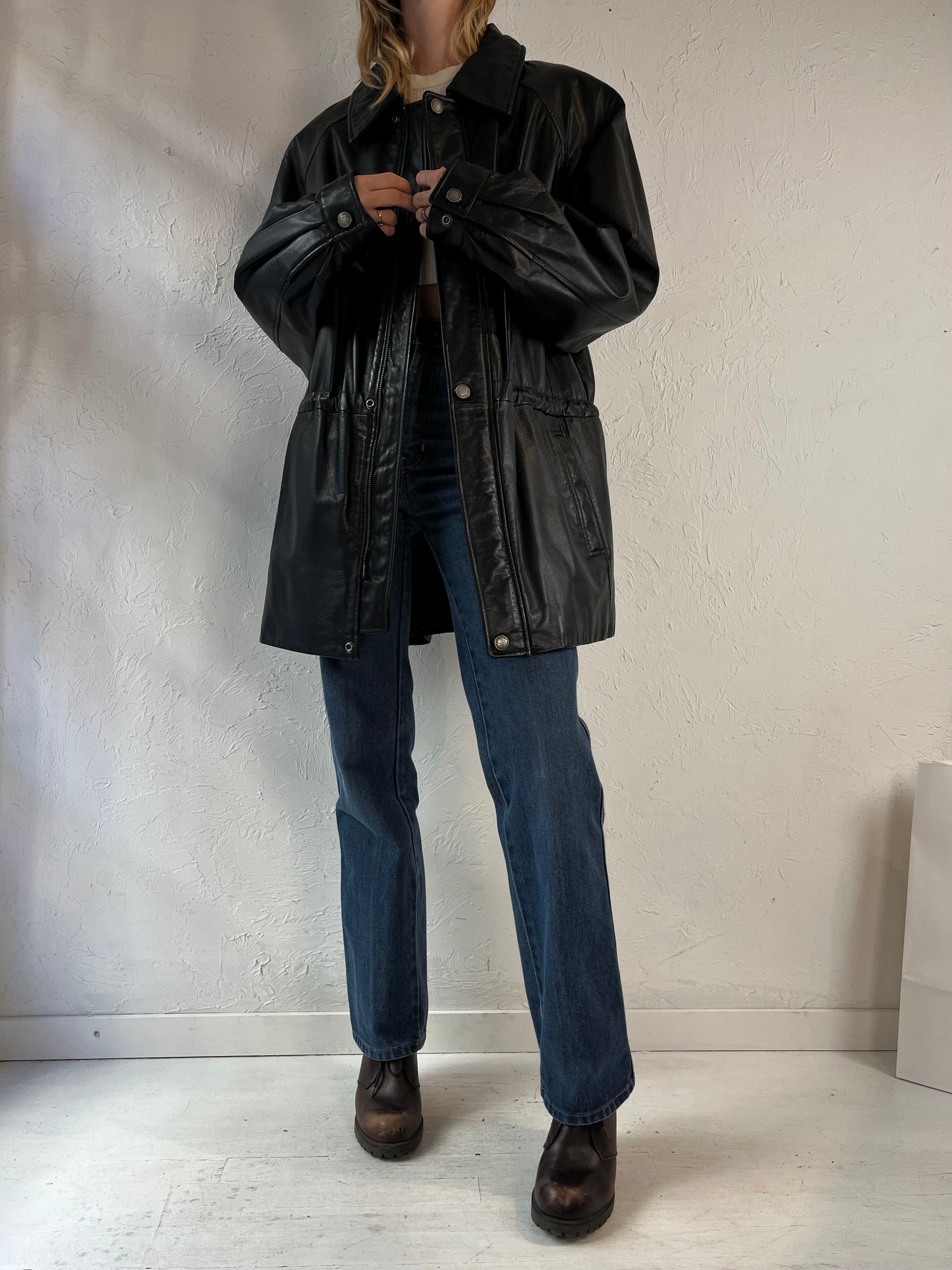 Y2k 'Danier' Black Leather Drawstring Jacket / Medium