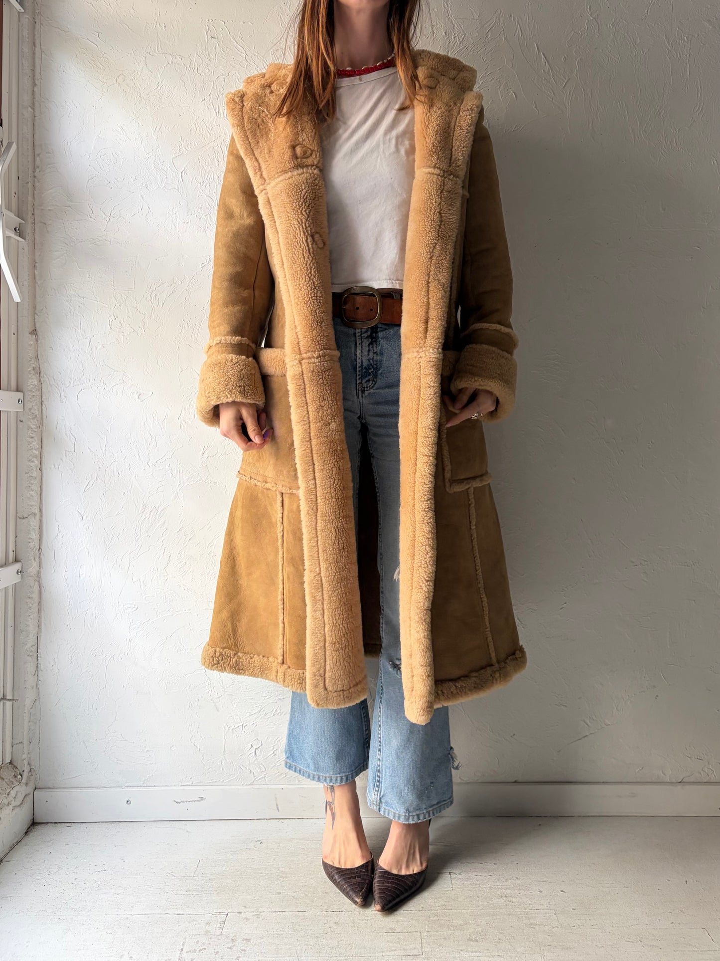 Vintage 'Pacific Fur' Suede Leather Hooded Winter Coat / Small