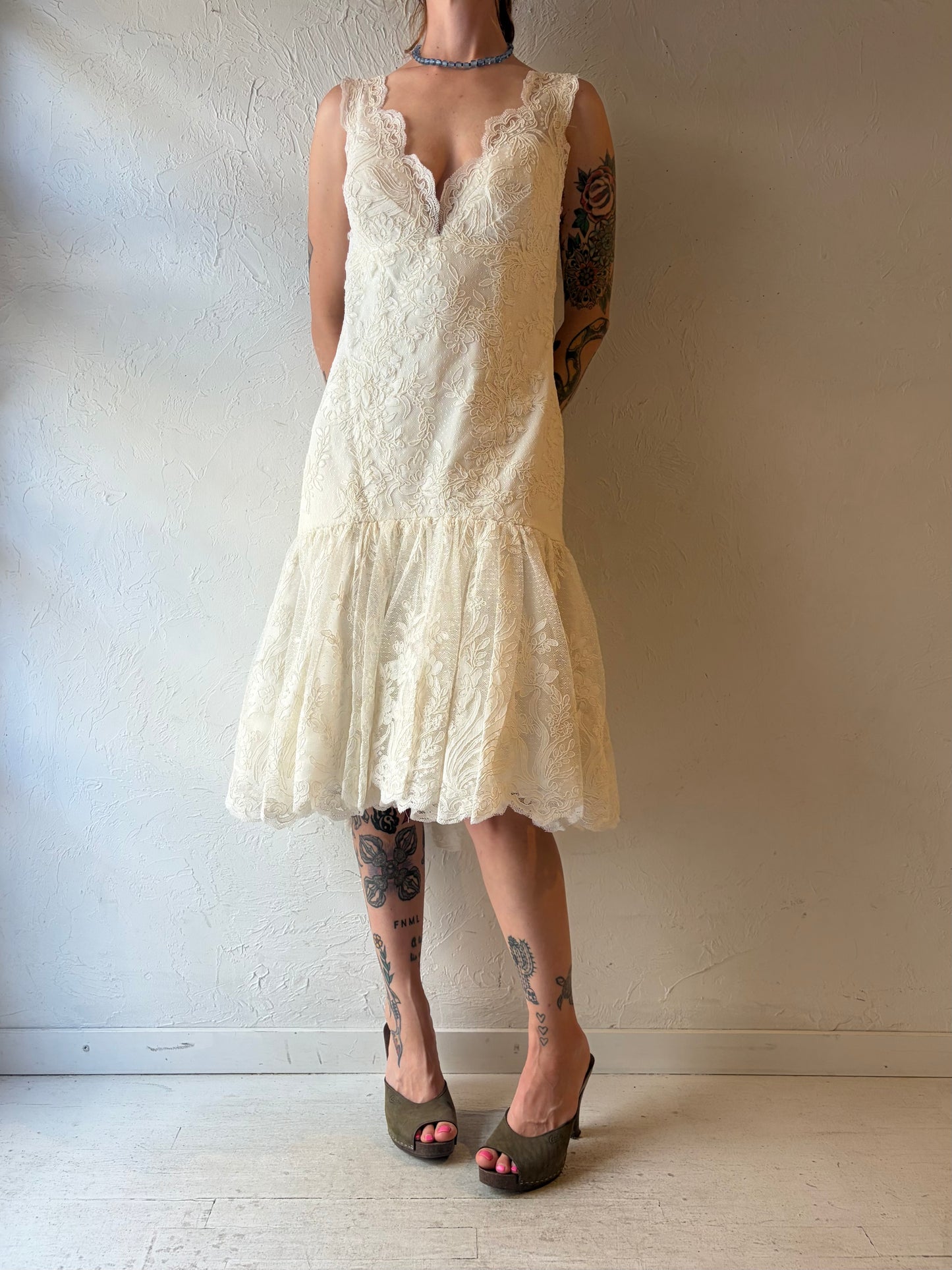 90s 'Waters Brides' White Romanic Lace Formal Bridal Midi Dress / Medium