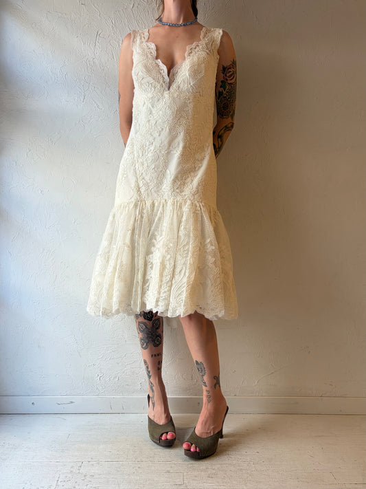 90s 'Waters Brides' White Romanic Lace Formal Bridal Midi Dress / Medium