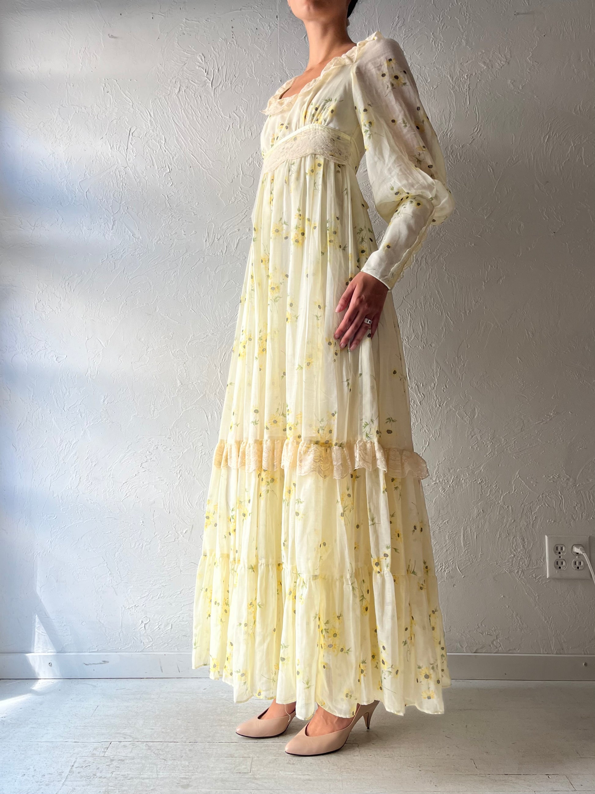70s 'Shamash & Yofi Gunne Sax' Yellow Floral Long Sleeve Peasant Dress / Small