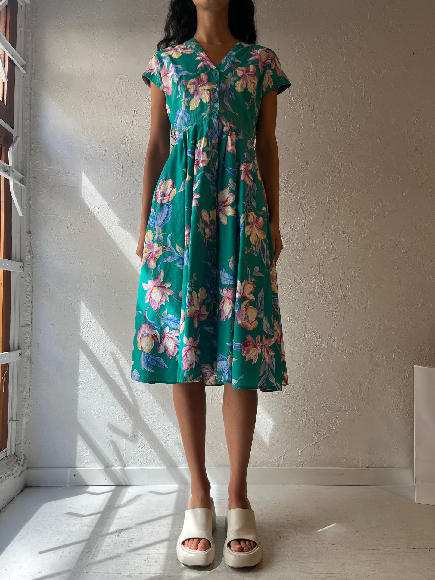 90s 'Carol Anderson' Blue Floral Cotton Midi Dress / Small