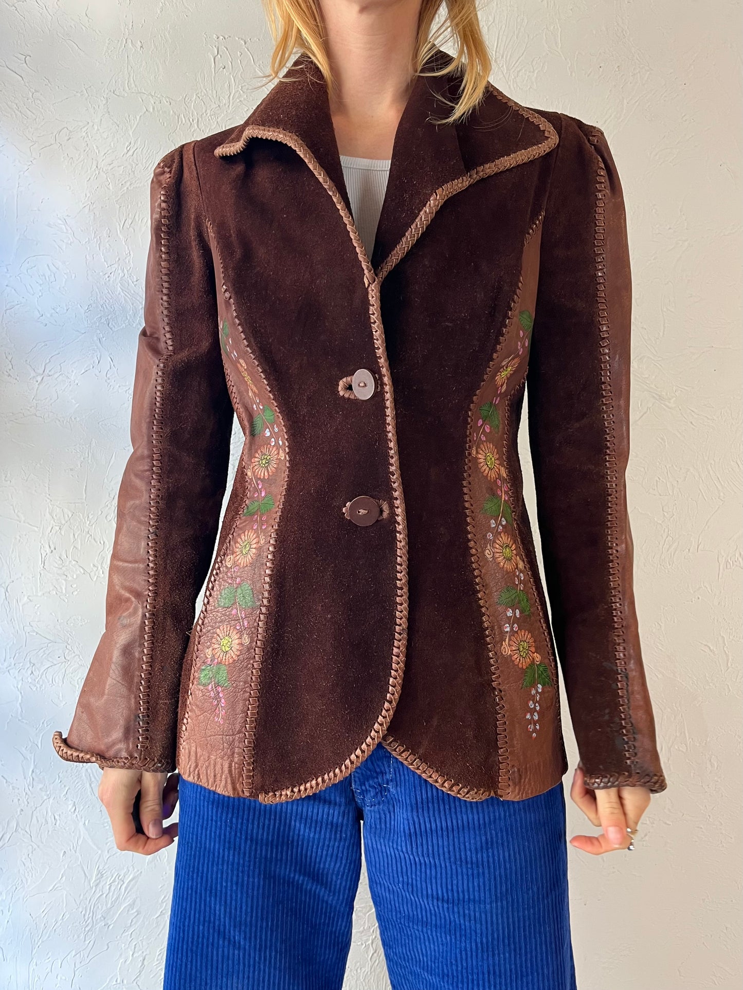 Vintage Hand Painted Brown Suede Leather Jacket / Small