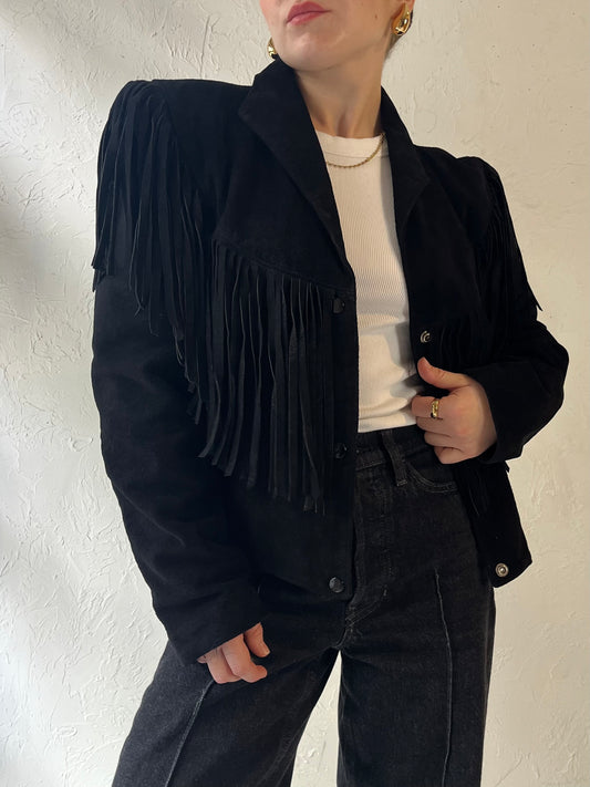 80s 'Genuine Leather' Black Suede Fringe Jacket / Medium