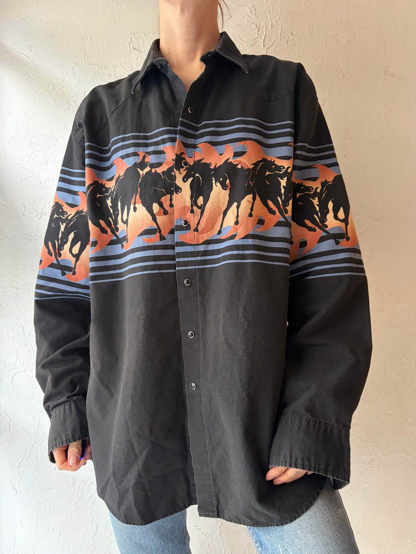 Y2k 'Roper' Horse Print Western Snap Up Shirt / Vintage 2000s Animal Print Cowboy Work Wear Shirt / Large