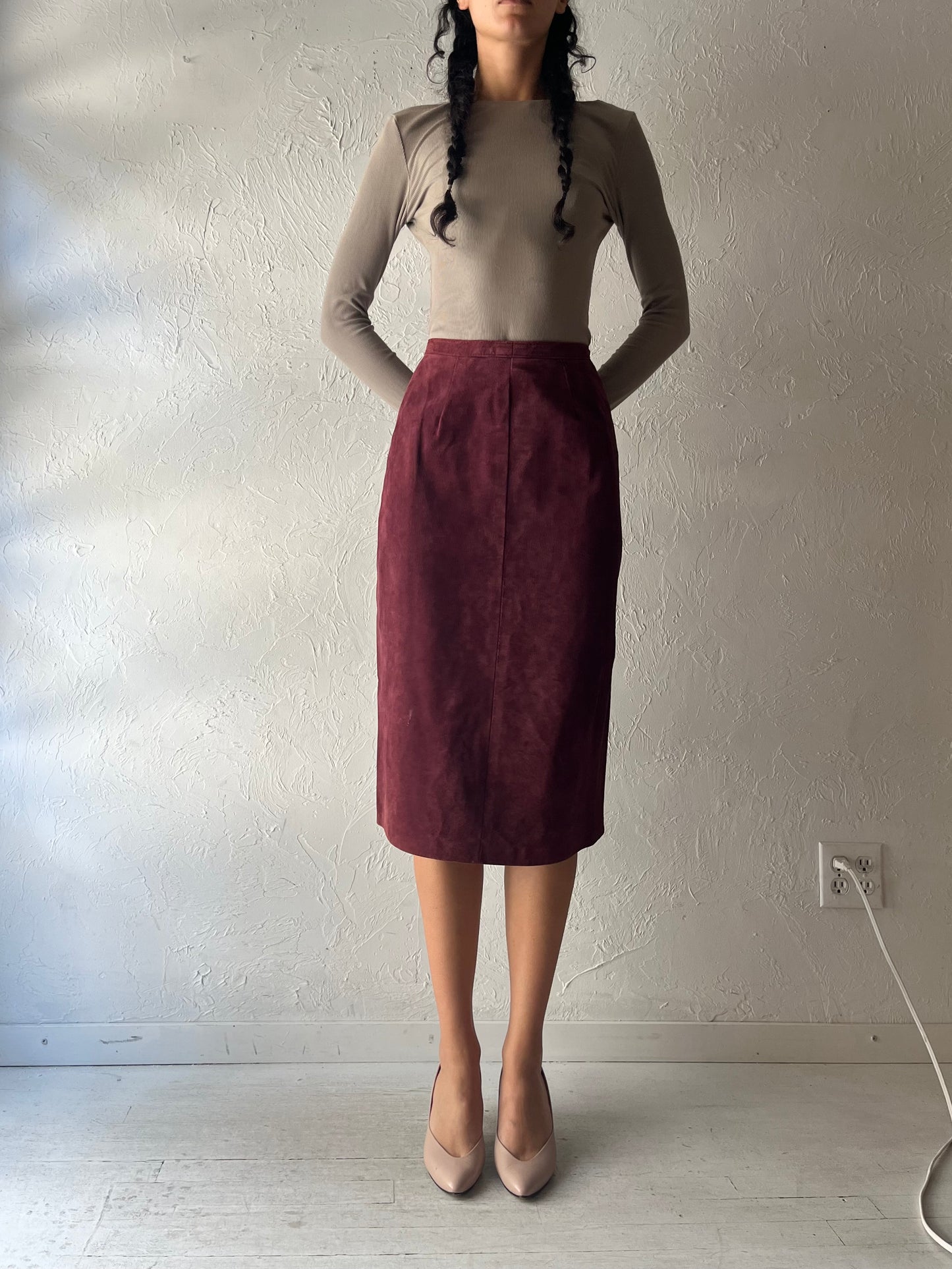 Vintage Burgundy Suede Leather Pencil Skirt / Small
