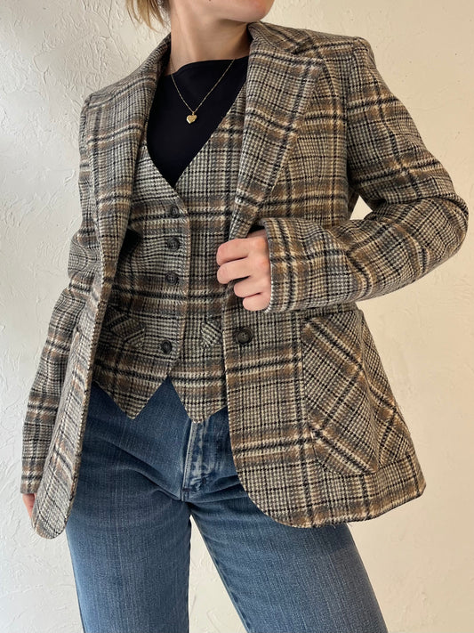 70s 'Prestige' Plaid Blazer Vest Set / Union Made / Small