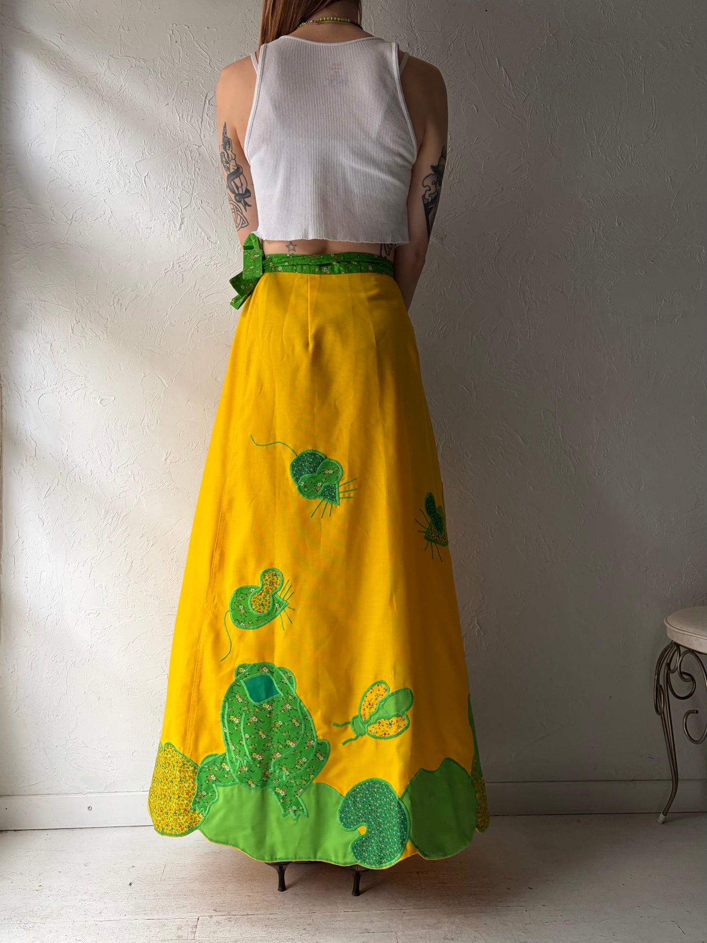 70s 'Alfreds Wife' Yellow Frog Novelty Wrap Skirt / Small