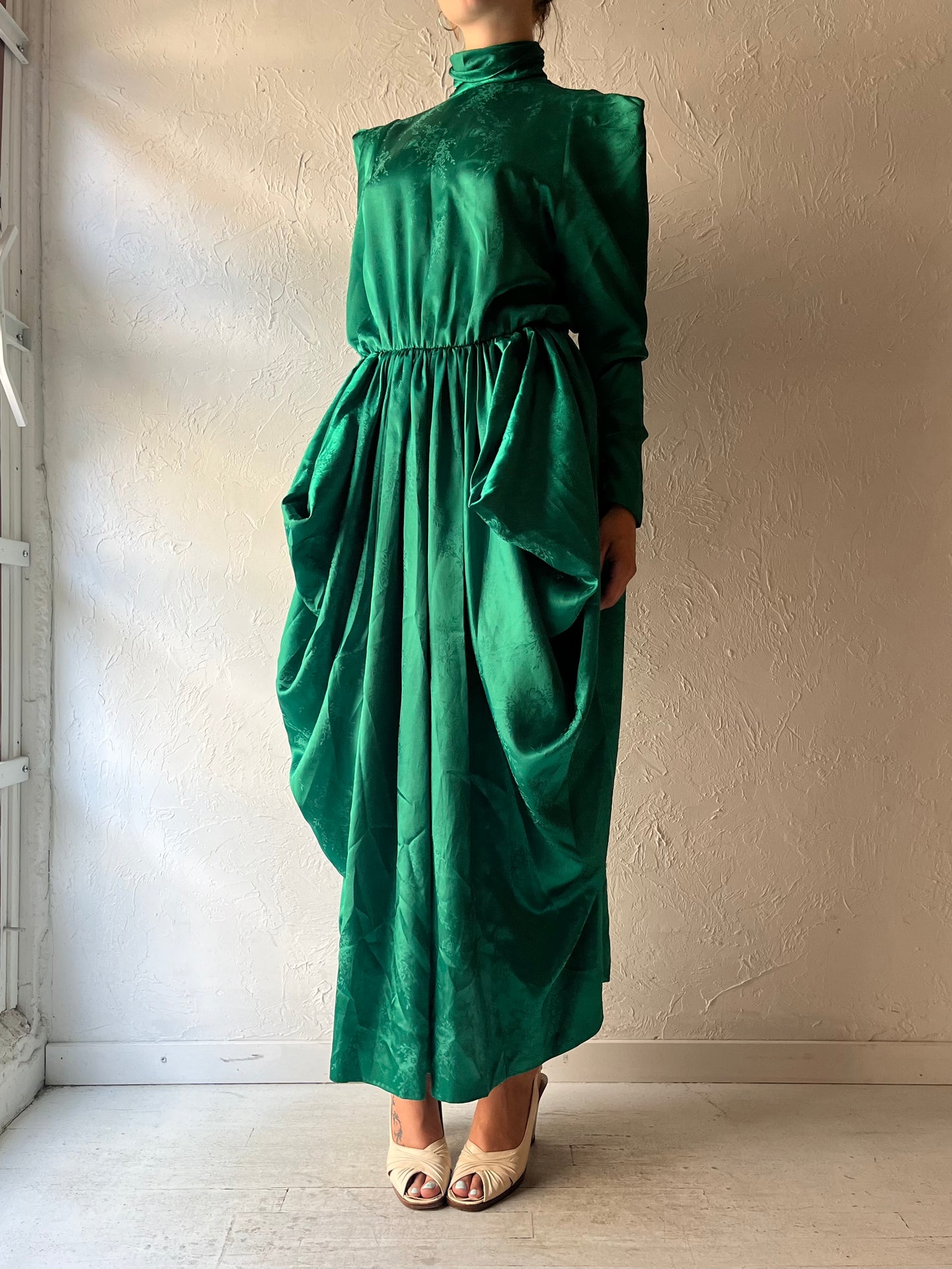 80s Emerald Green Retro Floral Embossed Maxi Formal Party Dress / Small