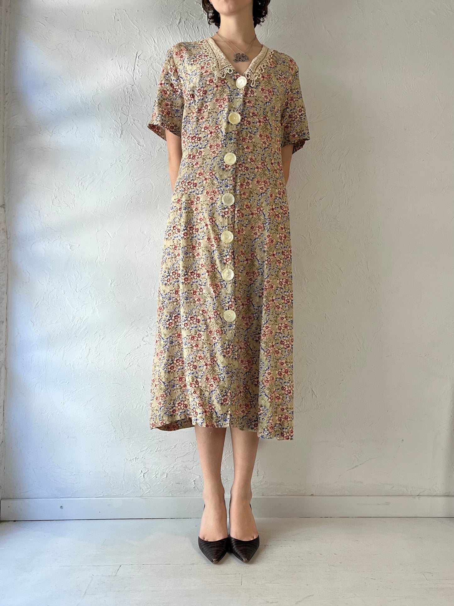 90s Beige Floral Print Rayon Dress / Large