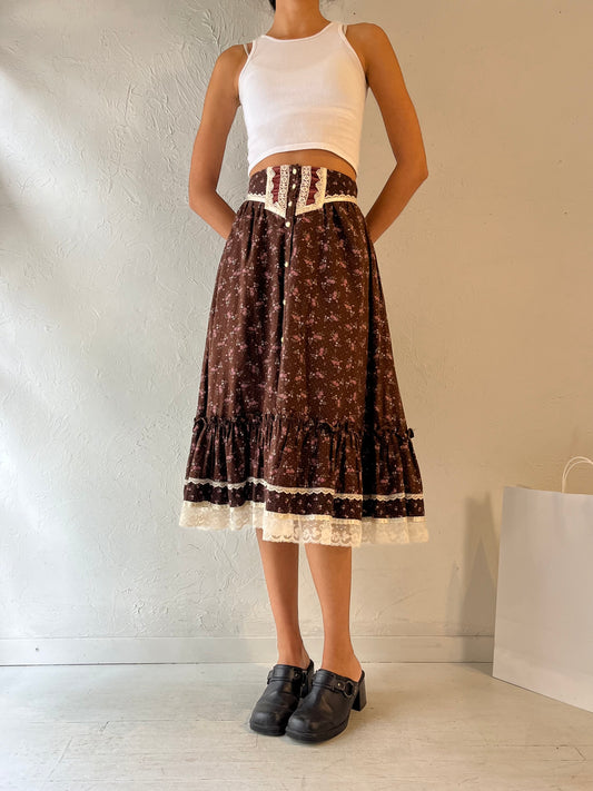 70s 'Gunne Sax' Brown Floral Print Peasant Skirt / Small