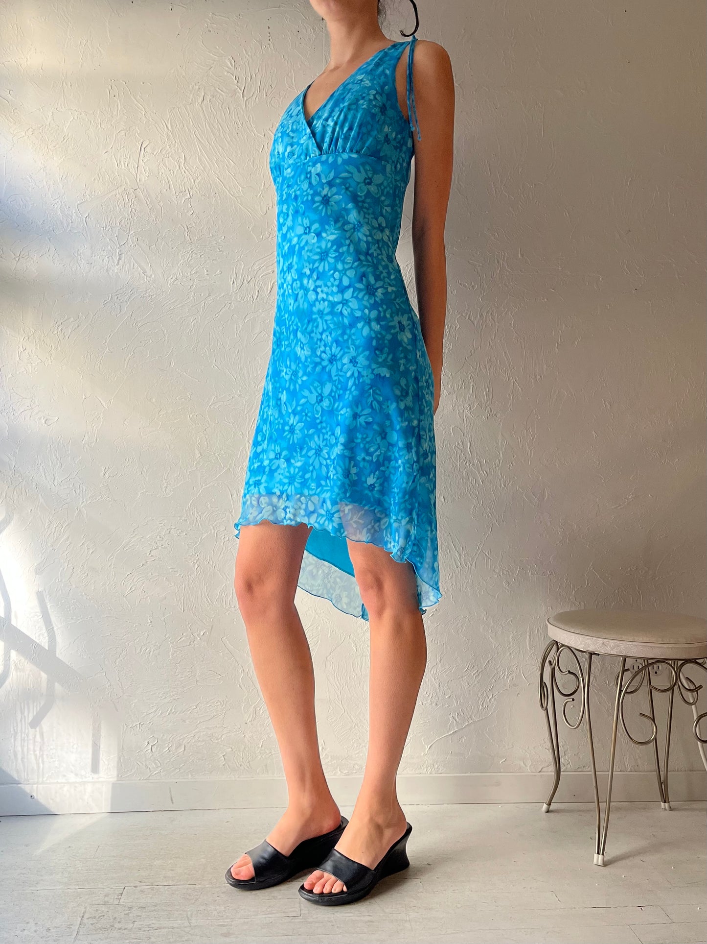 80s 'Laura' Blue Floral Mini Dress / Small