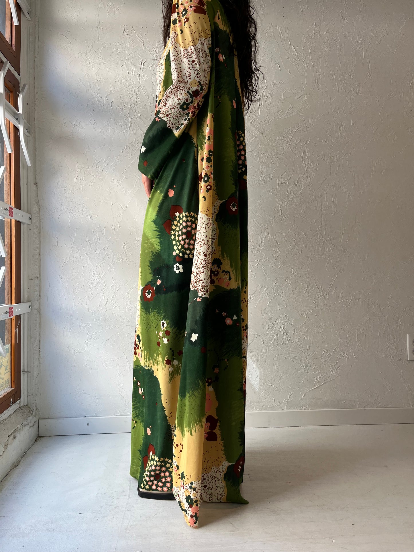 70s 'Conrad' Green Floral Print Mumu Kaftan Dress / Medium