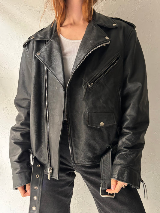 90s 'FMC' Heavy Duty Leather Moto Jacket / Large