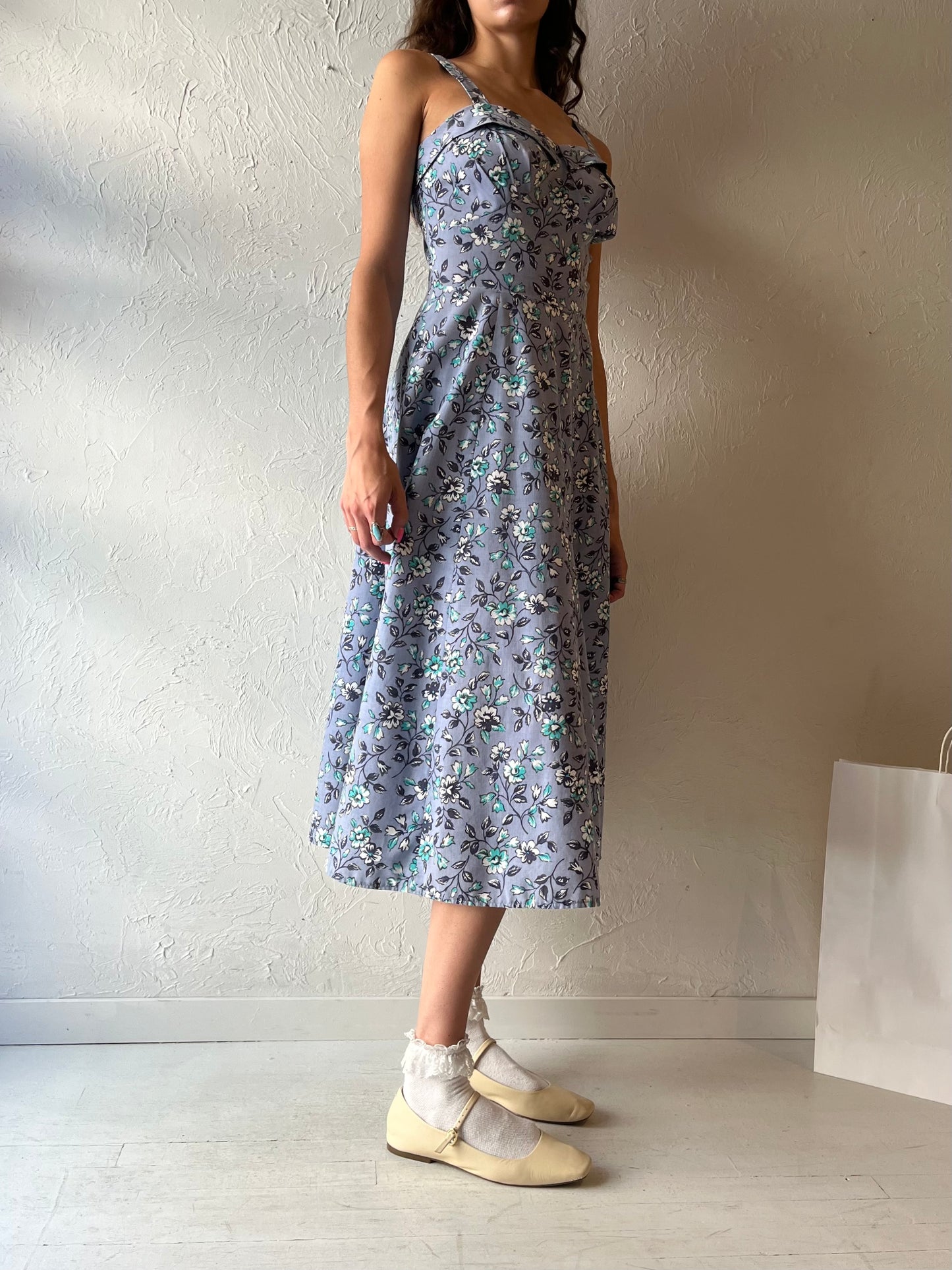 Vintage Handmade Blue Floral Print Midi Dress / Small