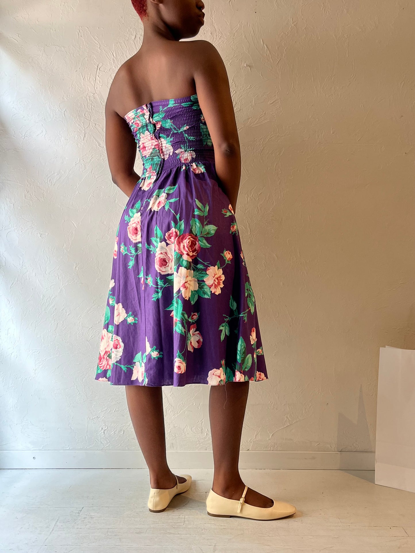 90s 'We Ltd' Purple Floral Print Strapless Dress / Small - Medium