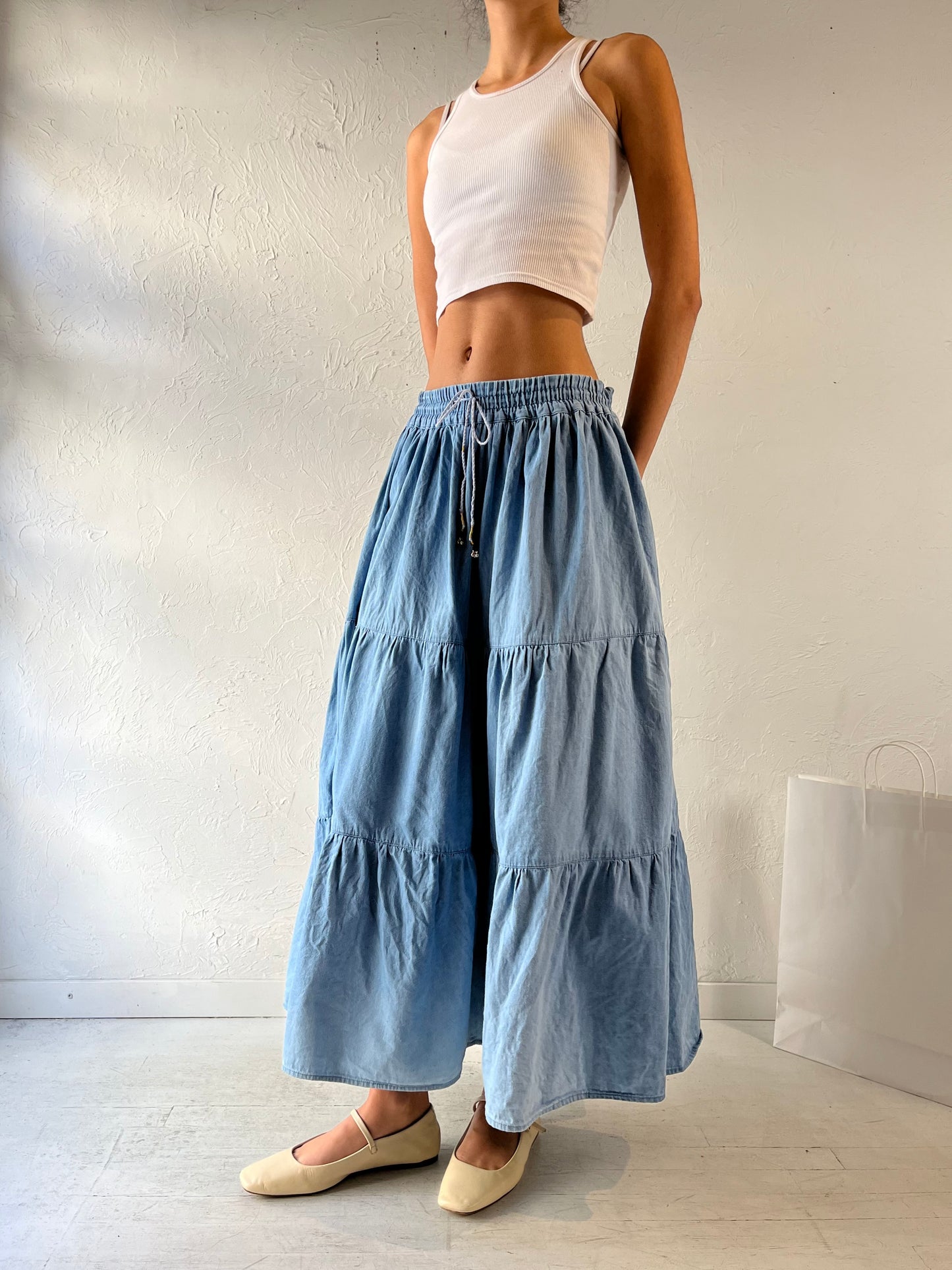 90s ‘Just Class’ Tiered Denim Maxi Skirt / Medium