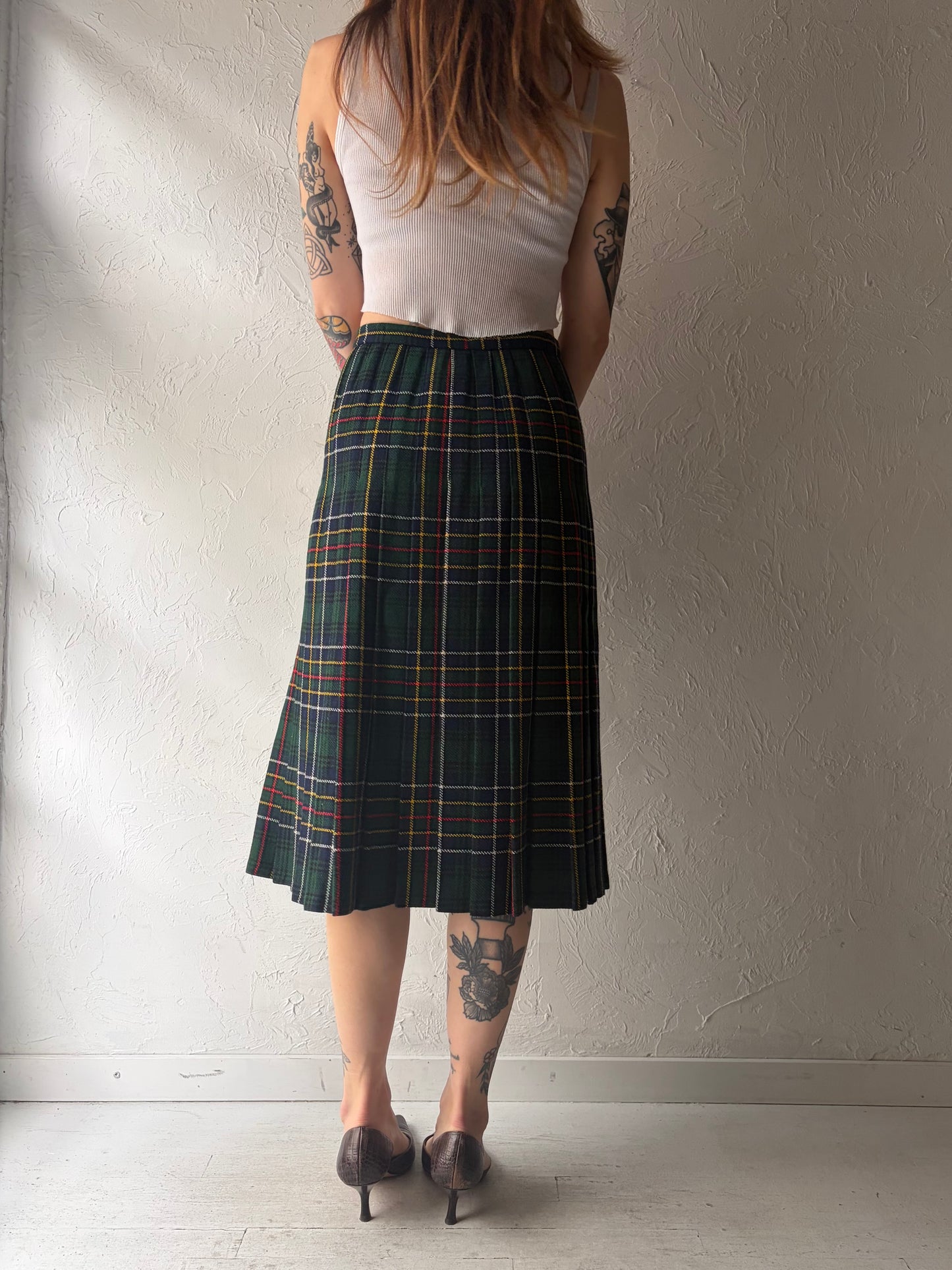 80s 'Julius' Green Plaid Pleated Preppy Academia Midi Skirt / Small