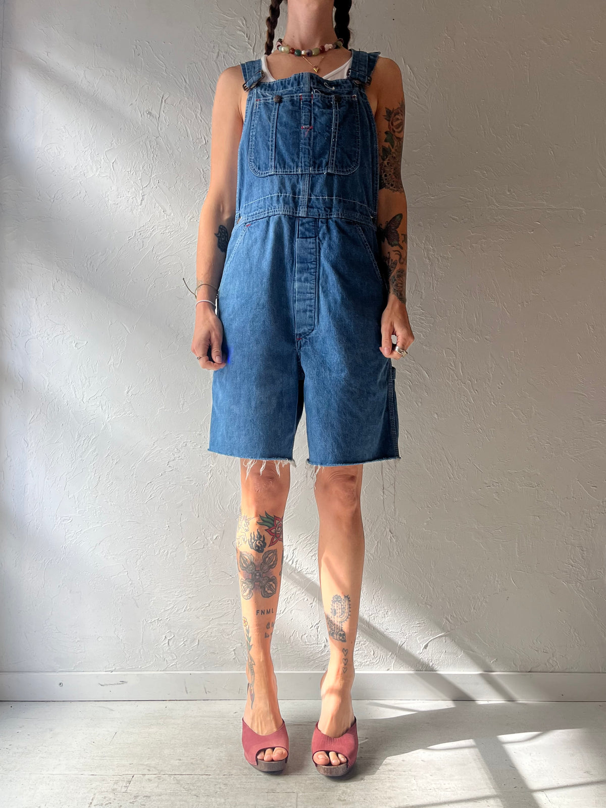 80s 'Big Mac' Blue Cotton Denim Dungarees Workwear Grunge Overall Shorts / Meidum