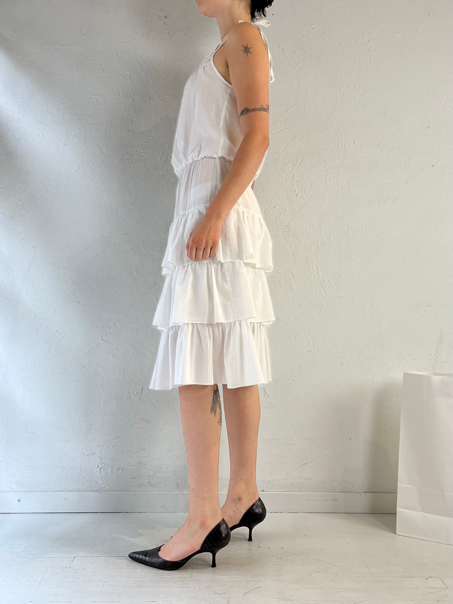 70s 'Joseph Ribkoff' White Tiered Midi Dress / Union Made / Small