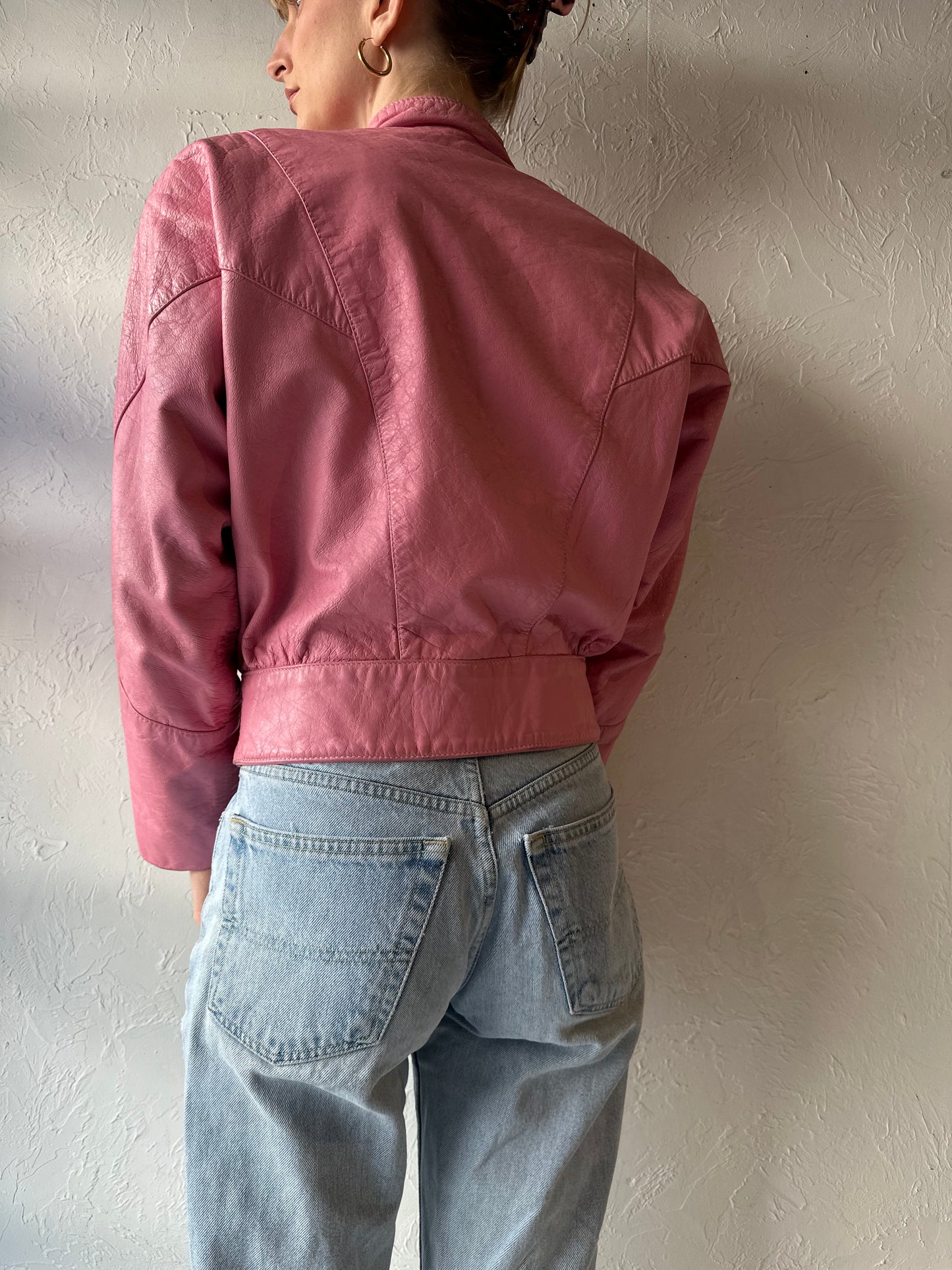 80s 90s 'Champion' Pink Leather Bomber Jacket / Small