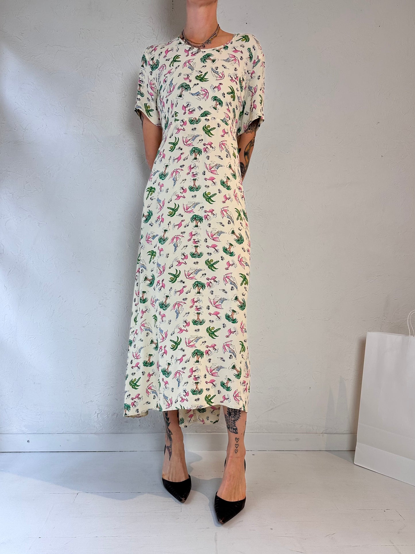 90s 'Kamellia' Flamingo Print Dress / Medium