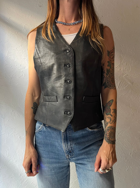90s Vintage Black Genuine Leather Minimalist Grunge Vest / Medium