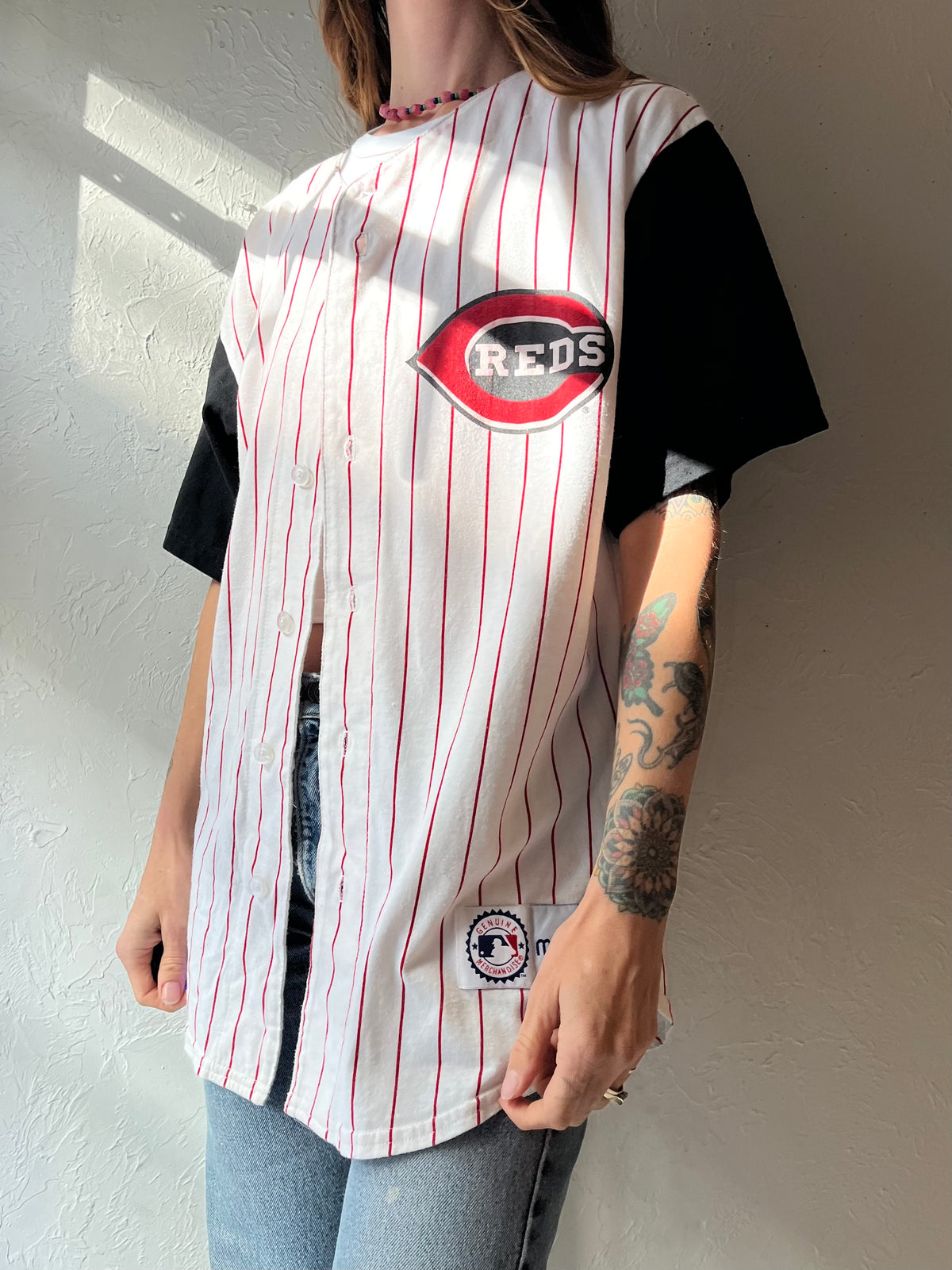 Y2K 'Majestic' Cincinnati Reds Ken Griffey Jr #30 Baseball Jersey Pinstripe Button Front Shirt, MLB Sportswear / Medium
