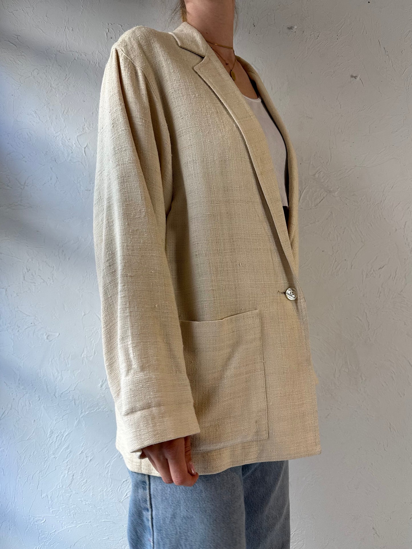 90s 'Savannah' Cream Silk Knit Oversized Blazer Jacket / Medium