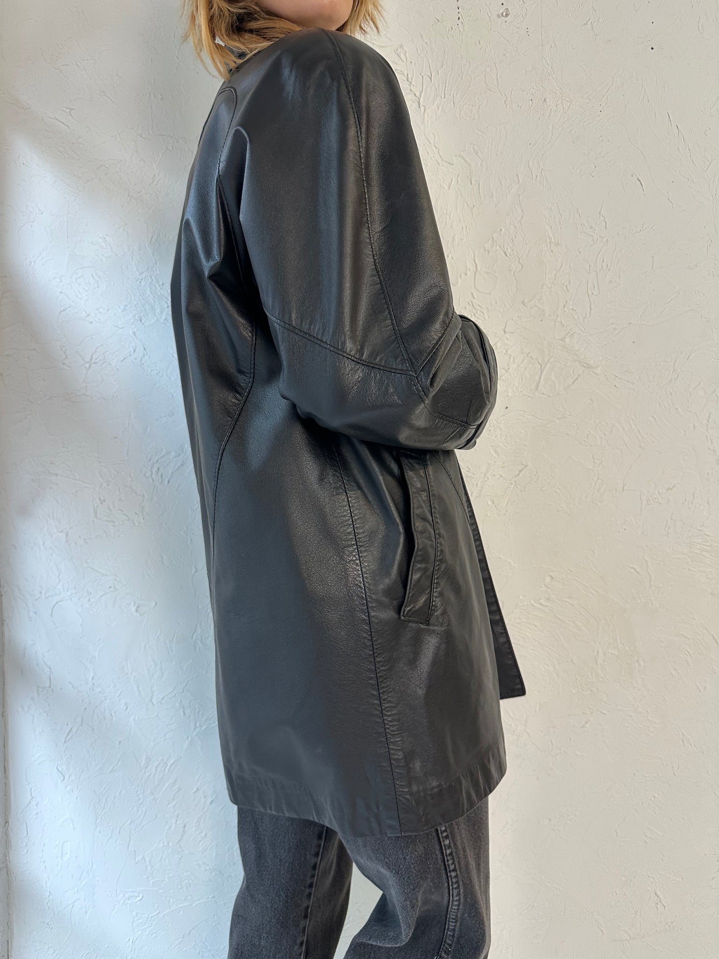 90s 'Leather Ranch' Black Oversized Leather Jacket / Medium
