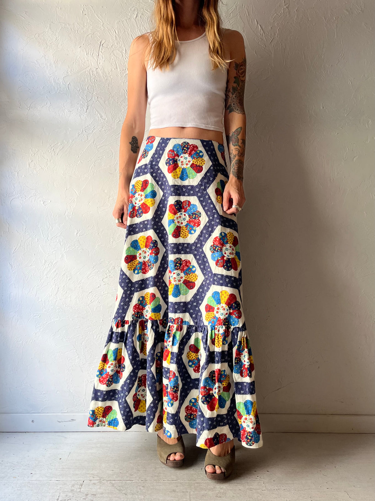 1970s Retro Patchwork Hippie Maxi Skirt / Small