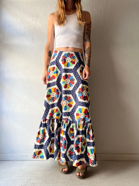 1970s Retro Patchwork Hippie Maxi Skirt / Small