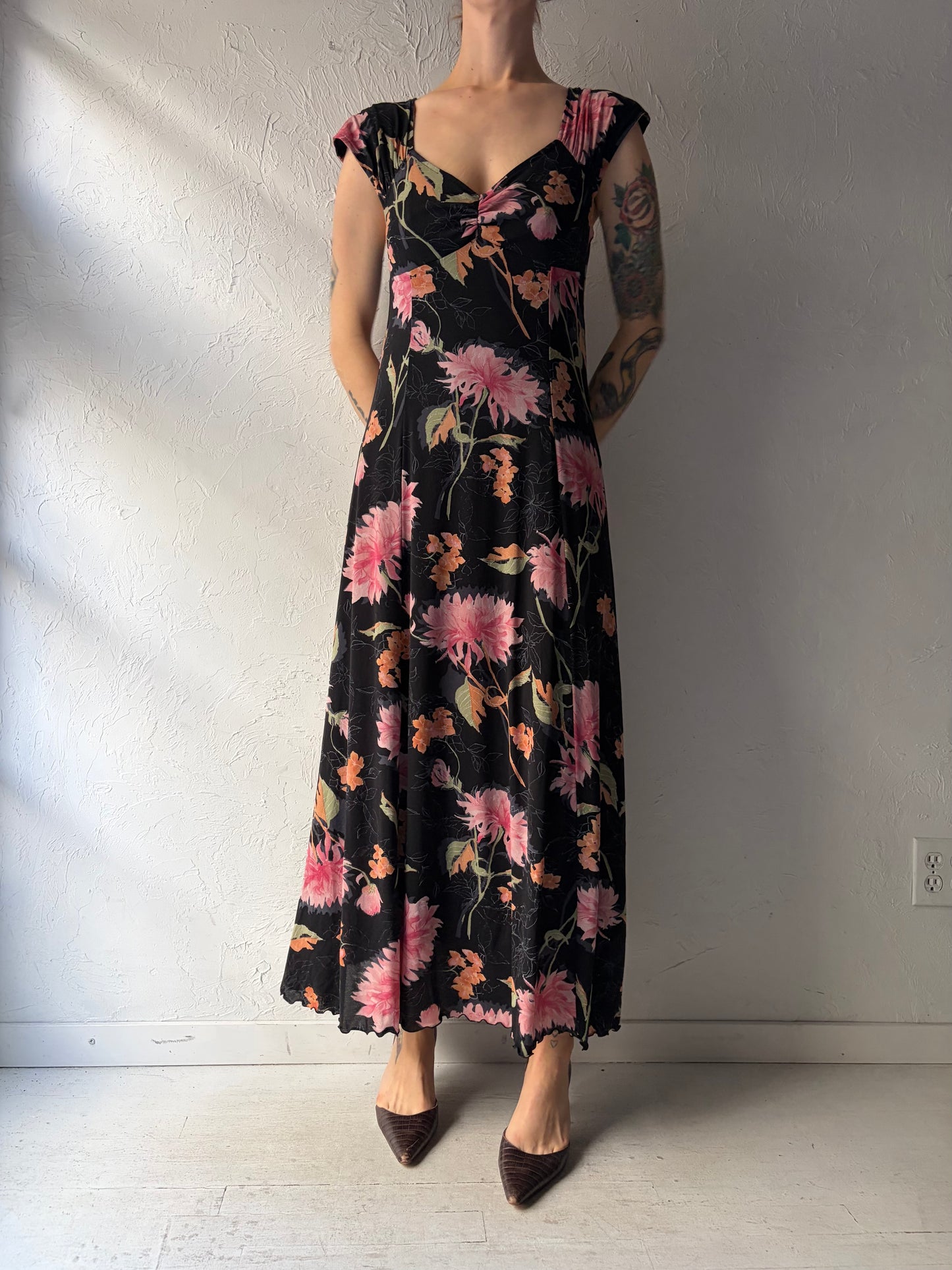 Y2k 'Zizi' Black Floral Fitted Goth Core Maxi Summer Dress / Medium