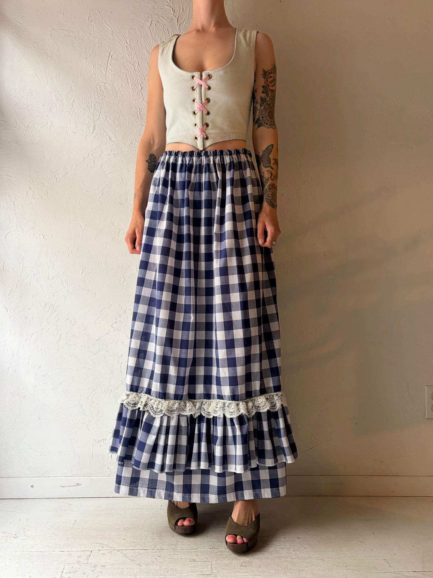 70s Handmade Blue Gingham Cottage Core Maxi Skirt / Small