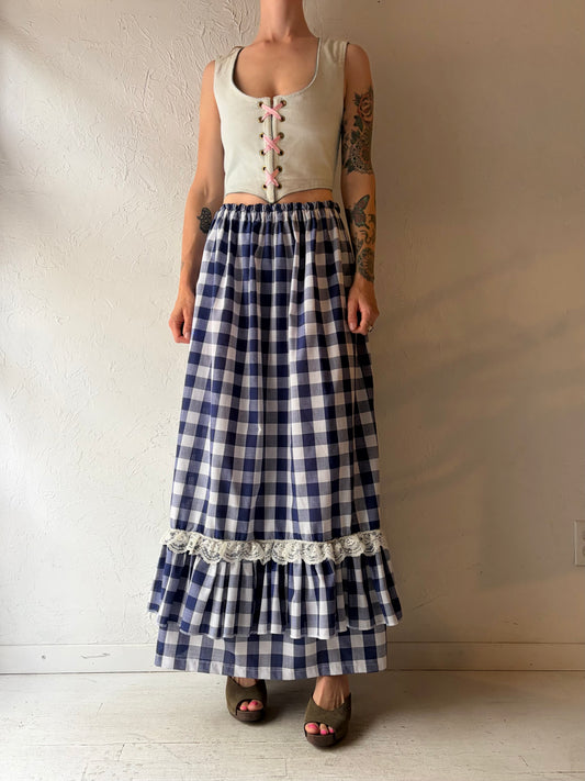 70s Handmade Blue Gingham Cottage Core Maxi Skirt / Small