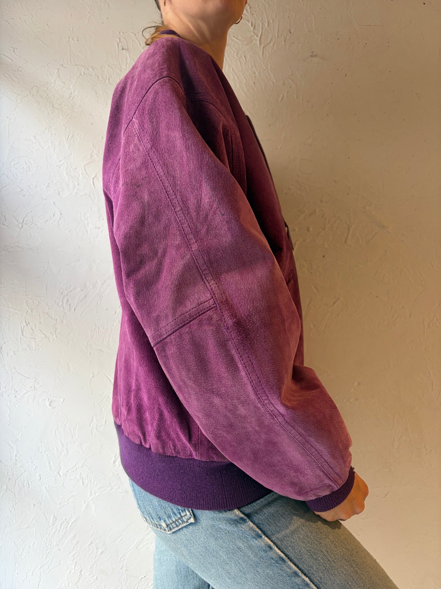 90s 'Mixed Blues' Purple Suede Leather Bomber Jacket / Medium