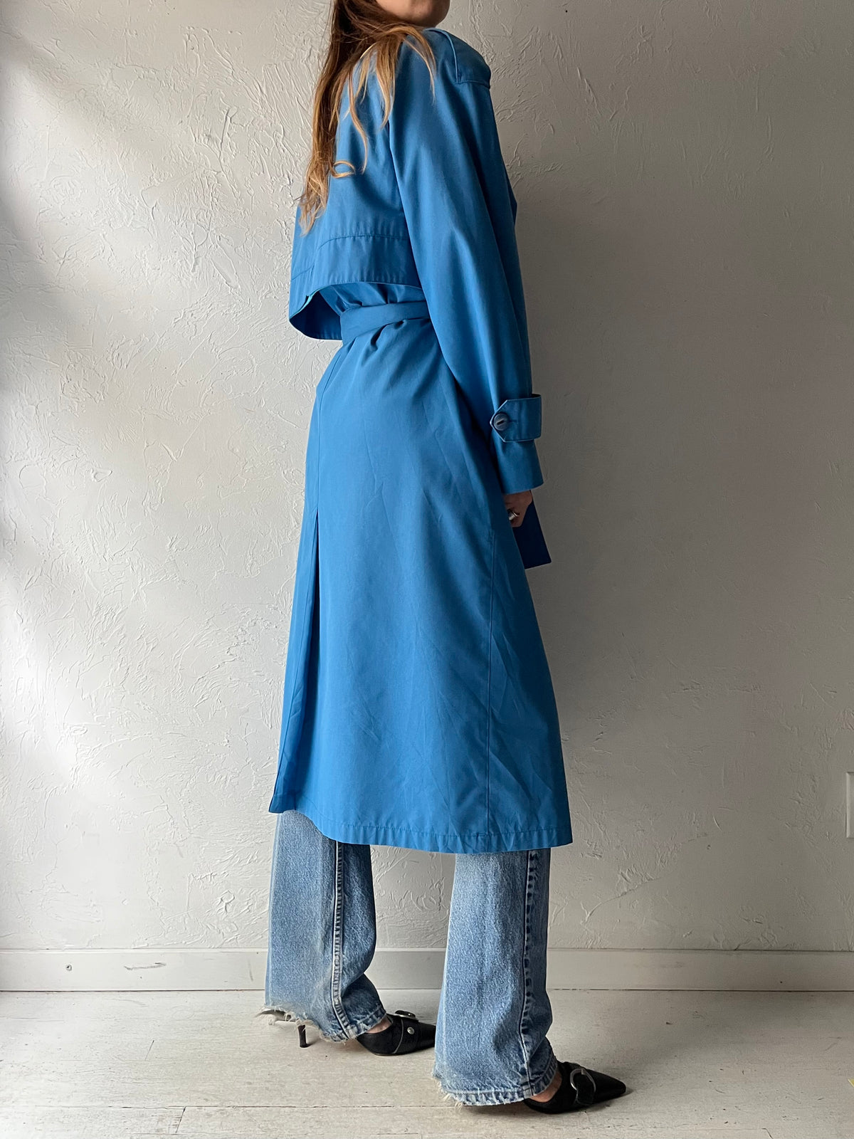 90s 'London Fog' Bright Blue Belted Minimalist Trench Coat Classic Longline Raincoat / Medium