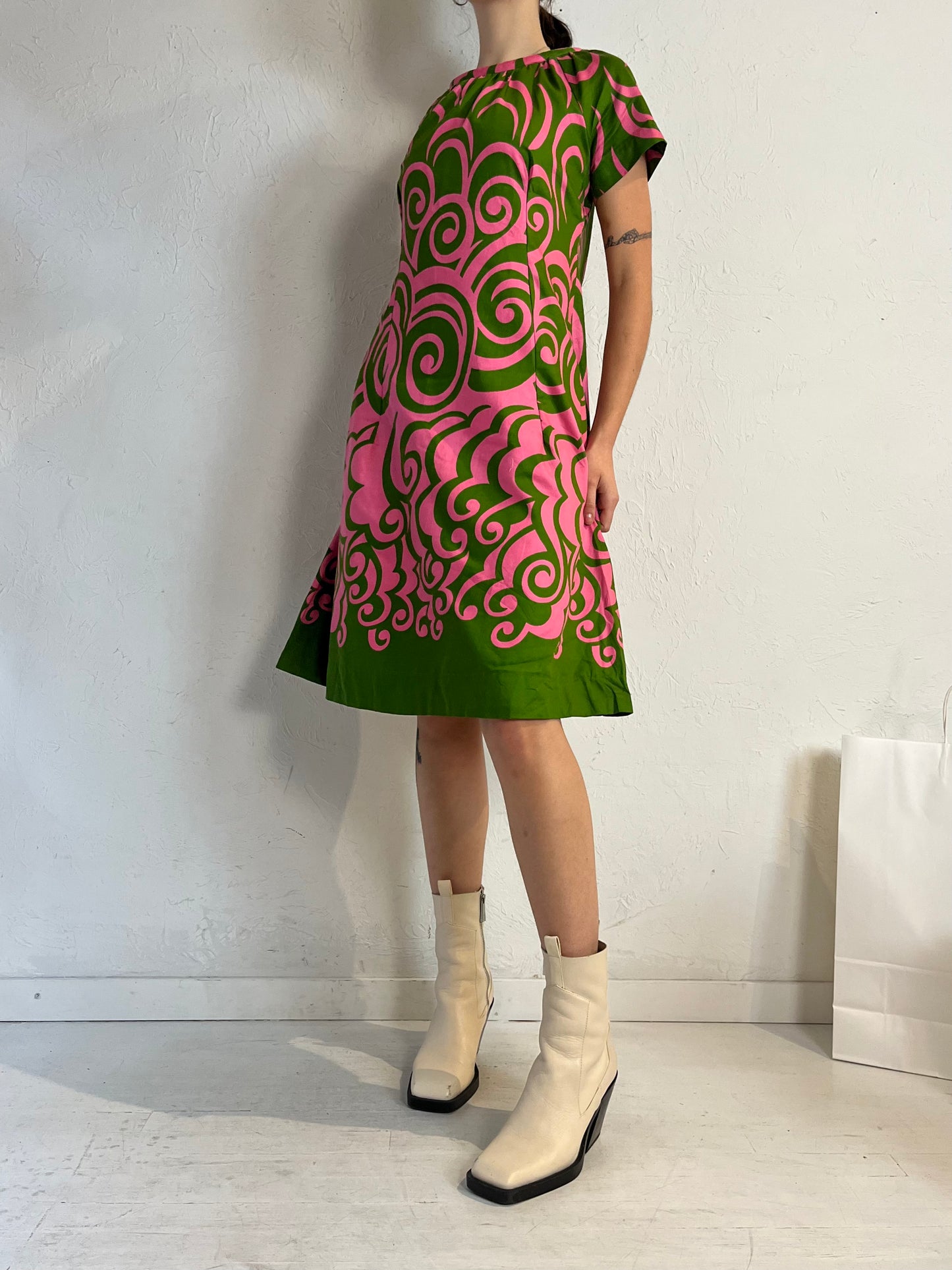 70s 'Rhapsody' Pink and Green Patterned Dress / Small