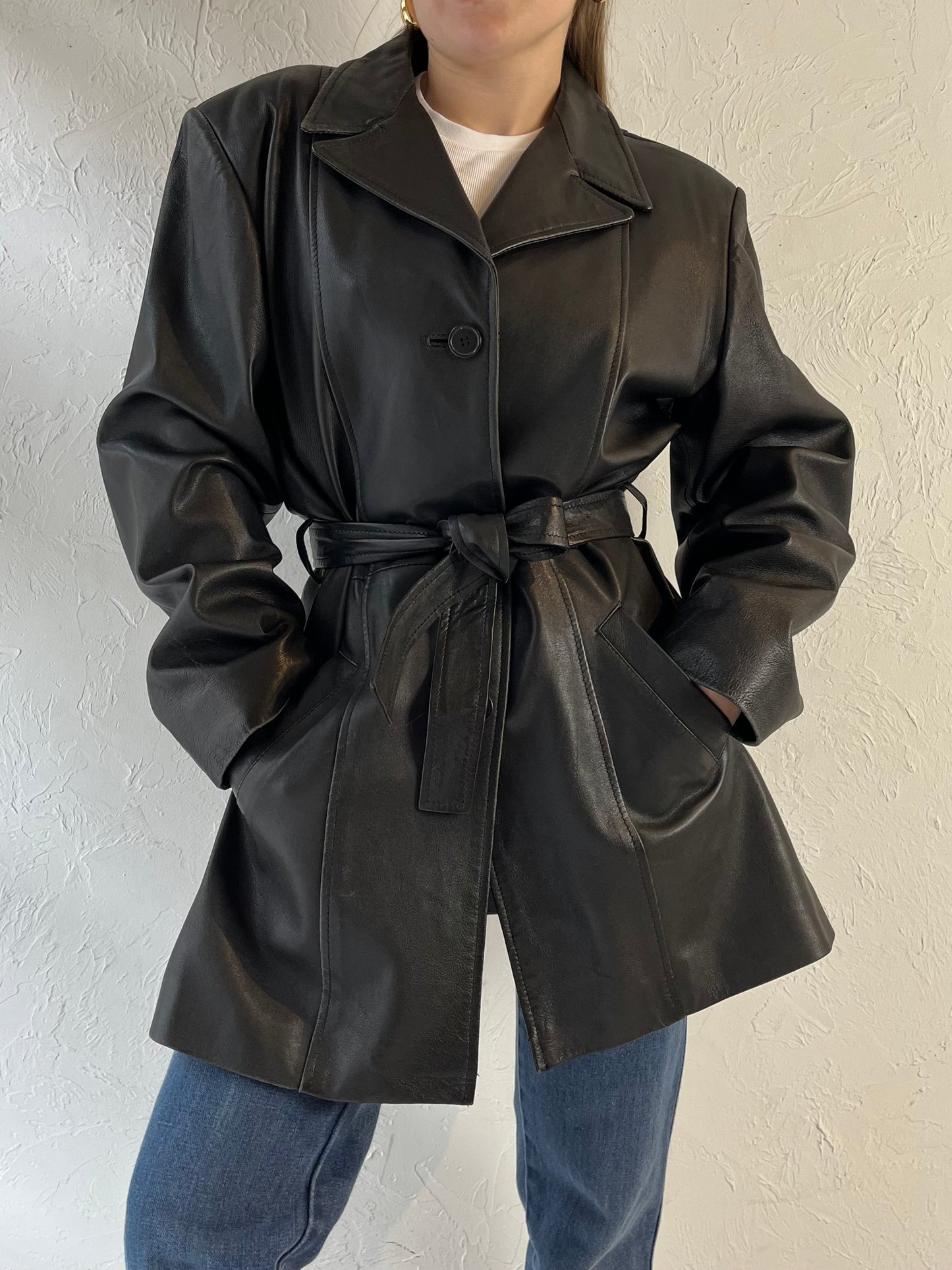 90s Black Leather Jacket / Large