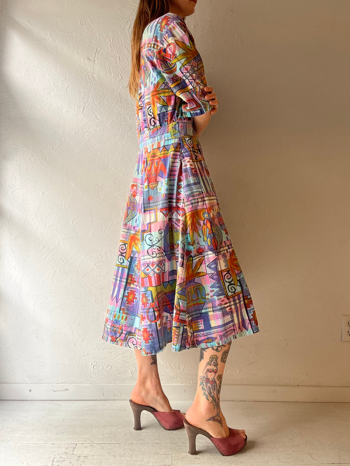 80s 'Badge' Retro Patterned Dress / Medium